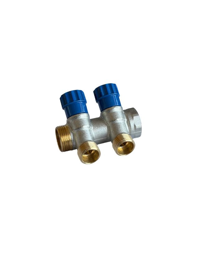 COLLETTORE 3/4” A 2 VIE BLU CON VALVOLE DI INTERCETTAZIONE